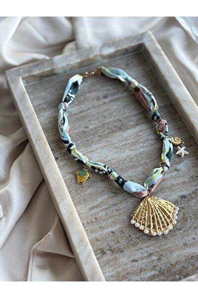 Le'Sluette Scarf Necklace with Pearl and Seashell Charm Detail Summer Trend
