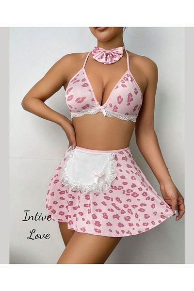 İntive Lingerie Σουτιέν με αξεσουάρ λαιμού με μοτίβο Intive Pink White Dalmatian Σετ φαντασίας