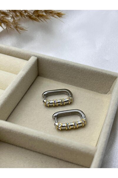 Yıldız Accessory Gold Detailed Baguette Stone Rectangular Silver Color Hoop Steel Earrings