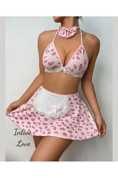 İntive Lingerie Σουτιέν με αξεσουάρ λαιμού με μοτίβο Intive Pink White Dalmatian Σετ φαντασίας
