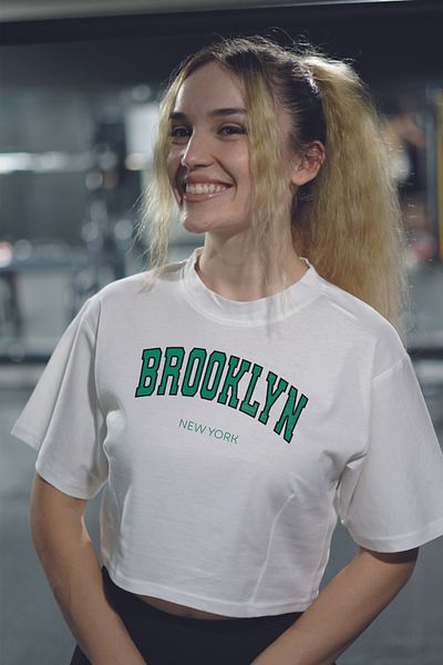 Oxlade Brooklyn New York Themed White Women's T-Shirt – Casual Crop Model
