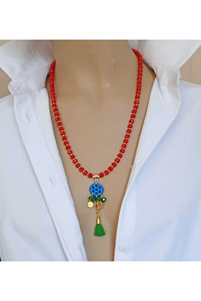 shop Kırmızı Kristal Boncuklu Süryani Taşı Kolye – İpek Püsküllü El Yapımı Tasarım