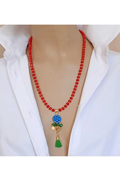 shop Kırmızı Kristal Boncuklu Süryani Taşı Kolye – İpek Püsküllü El Yapımı Tasarım