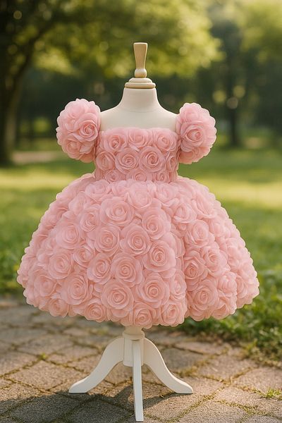 MUSGEM Special Design Rose Flower Detailed Powder Color Girl's Evening Dress