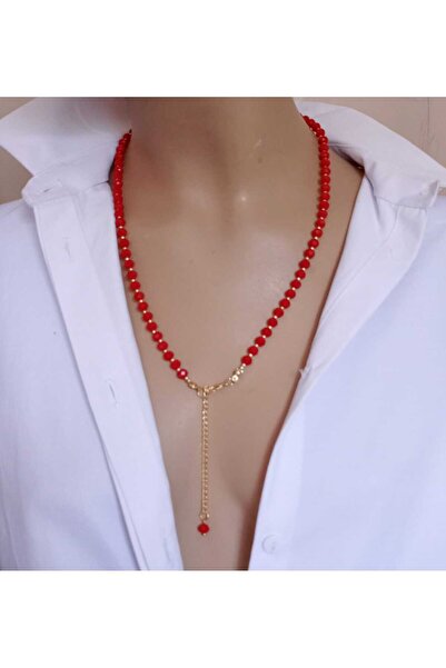 shop Kırmızı Kristal Boncuklu Süryani Taşı Kolye – İpek Püsküllü El Yapımı Tasarım