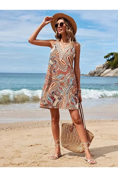 HAZEGO Rochie de damă cu mâneci scurte din dantelă cu decolteu în V