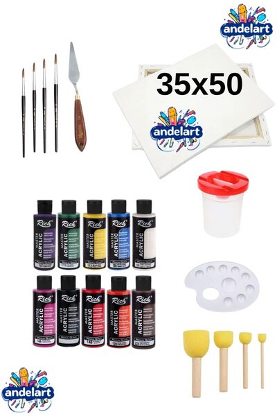 andelart 120 Cc Akrilik Boya - 35x50 Tuval -metal Spatulalı Şövale Seti, Mast...