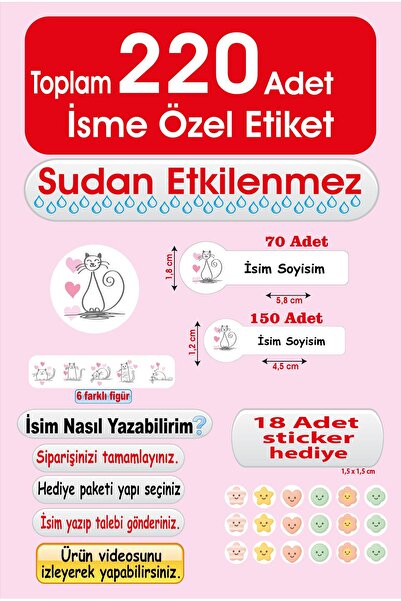 cabuk baskı Sevimli Kedi Okul Etiketi Kalem, Defter İsimli Etiket İsim Yazıla...
