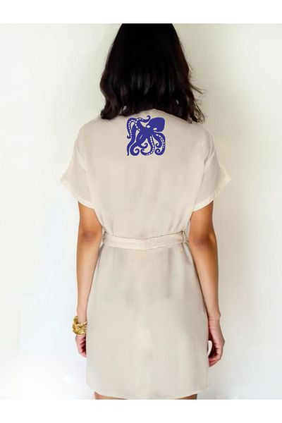 Kidilia Navy Blue Octopus Visual Ecru Color Low Sleeve Muslin Kimono