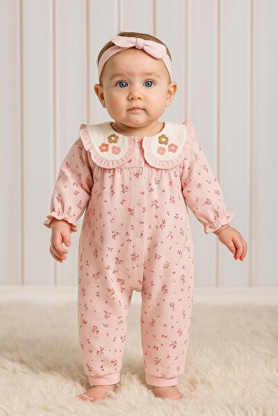 dinamik çocuk Baby Girl Seasonal Jumpsuit Floral Patterned Ruffle Collar Long...