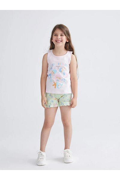 LC Waikiki Lcw Kids Pink Crew Neck Printed Girls' Shorts Pajama Set