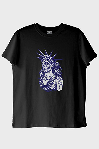 NUUGG تي شيرت أسود مطبوع برسومات على طراز تمثال الحرية (M / أسود)