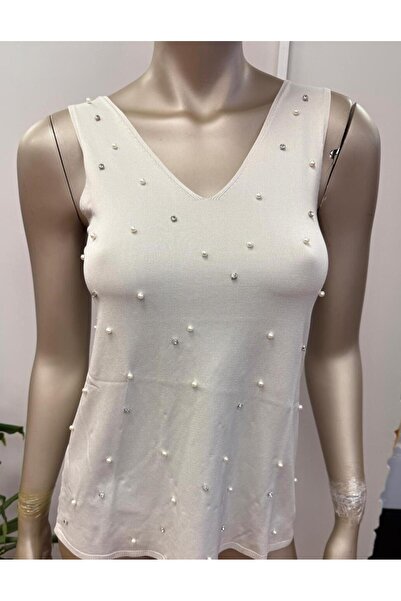 DOLCE QUEEN Women's Pearl Detailed Stone Slim Fit V-Neck Blouse