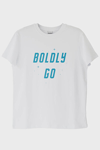 Generic Brand Boldly Go Printed Space Themed White T-Shirt (XS / White)