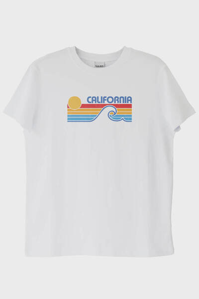 NUUGG تي شيرت أبيض بتصميم مطبوع على شكل موجة ريترو من كاليفورنيا (S / أبيض)