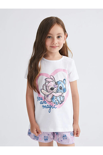 LC Waikiki LCW Kids Beyaz Lilo & Stitch Baskılı Kız Çocuk Şortlu Pijama Takımı