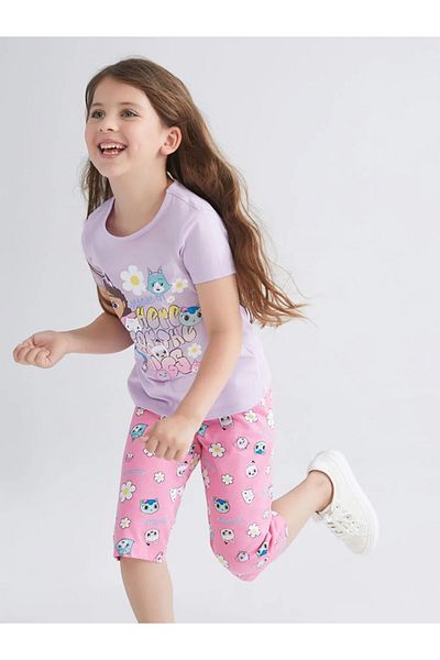 LC Waikiki Lcw Kids Lilac Crew Neck Gabby’S Dollhouse Printed Girls Capri Pajama Set