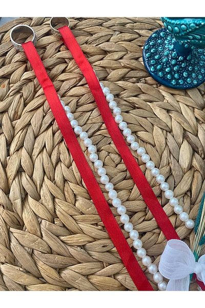 nuksoc Plain Red Ribbon Without Pattern with Spilled Pearls Promise Engagement Ring Ribbon Henna Wedding Bride