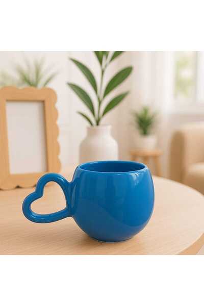 İZart Heart Handle Special Plain Blue Handmade Ceramic Mug
