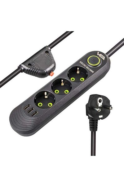 Zibox Vea Va-21557 3 Gang 3 USB 1.5 Meter Surge Protected Socket Black