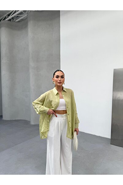 Genel Markalar Transparan Yeşil Çizgili Gömlek