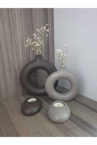Lapida Home Decor Decorative Ring Vase and Oval Candle Holder Set - Concrete Scandinavian Home Accessory 4 Piece Set Coffee - Mink