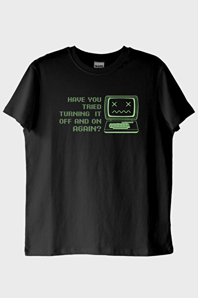 Generic Brand Turning It Off and on Again Printed Retro Black T-Shirt (XL / B...