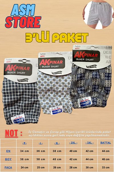 Akpınar 3-Piece Men's Cotton Boxer Set |   Assortment Color – Patterned – Thin Structure