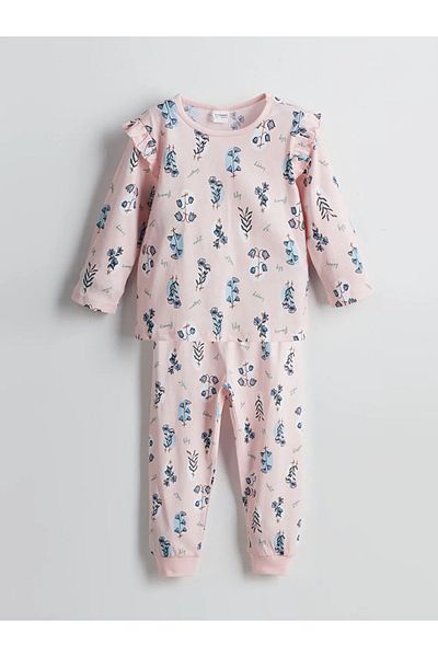 LC Waikiki Lcw Kids Pink Crew Neck Floral Baby Girl Pajamas Set