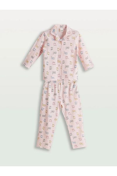 LC Waikiki Lcw Kids Pink Shirt Collar Printed Girls Pajamas Suit