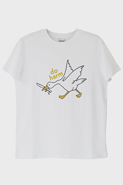 Generic Brand Do Harm Concept Goose Printed White T-Shirt (S / White)
