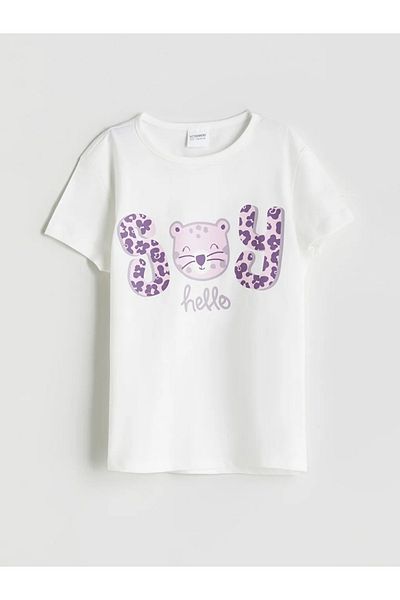 LC Waikiki Lcw Kids Ecru Crew Neck Printed Girls' Pajama Top