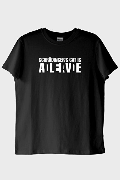 NUUGG تي شيرت أسود مطبوع عليه تصميم علمي من Schrödinger's Cat Alive (XS / أسود)