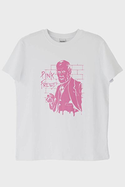 NUUGG تي شيرت أبيض بتصميم هزلي مطبوع باللون الوردي من فرويد