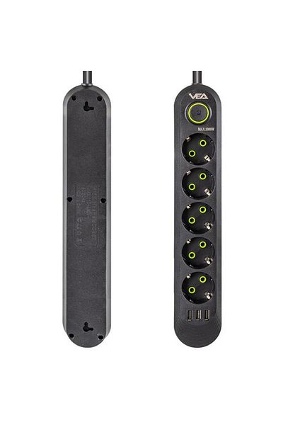 Zibox Vea Va-21561 5-Piece 3 USB 1.5 Meter Surge Protected Socket Black