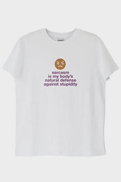 NUUGG تي شيرت أبيض مطبوع عليه sarcasm is My Body's Natural Defense (XS / أبيض)
