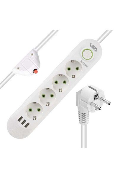 Zibox Vea Va-21560 4-Way 3 USB 1.5 Meter Surge Protected Socket White
