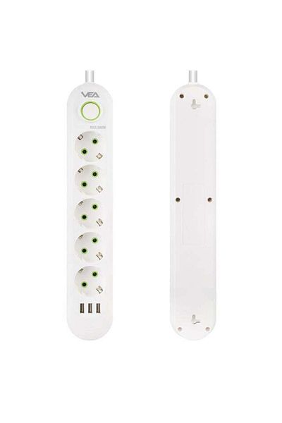 Zibox Vea Va-21562 5-Piece 3 USB 1.5 Meter Surge Protected Socket White