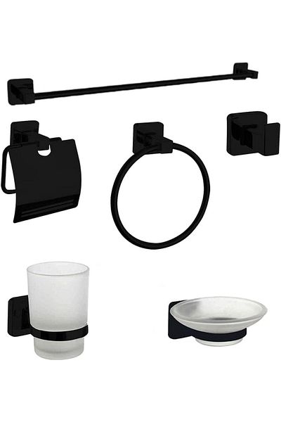 fitto Bathroom Set, Black, 6 Pieces, Wall-Mounted