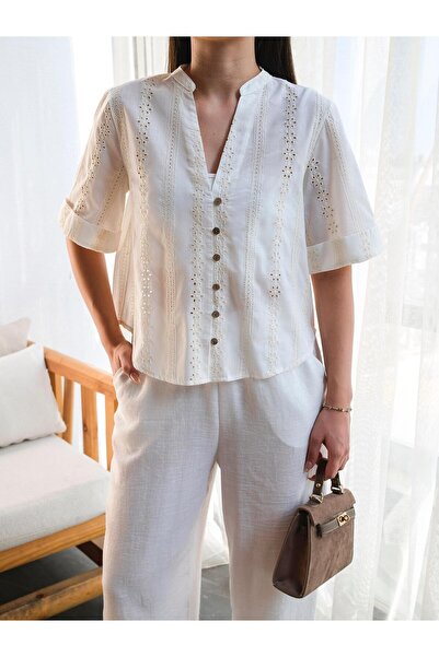 Elenova Dantel İşlemeli Kısa Kollu Gömlek