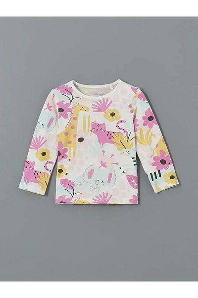LC Waikiki Lcw Baby Ecru Crew Neck Printed Baby Girl Pajamas Suit