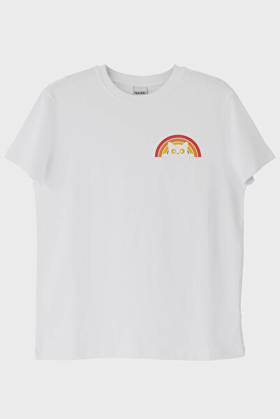 Generic Brand Rainbow Cat Printed Design White T-Shirt (XS / White)
