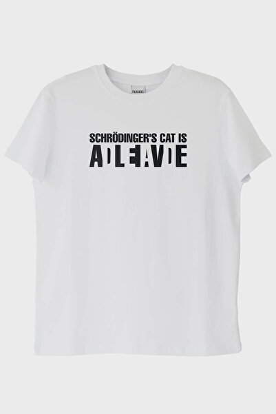 NUUGG تي شيرت أبيض مطبوع عليه تصميم علمي من Schrödinger's Cat Alive (XS / أبيض)
