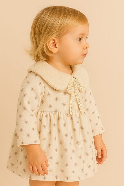 dinamik çocuk Baby Girl Removable Plush Collar Floral Print Long Sleeve Dress 3-6-9-12-18-24 Months
