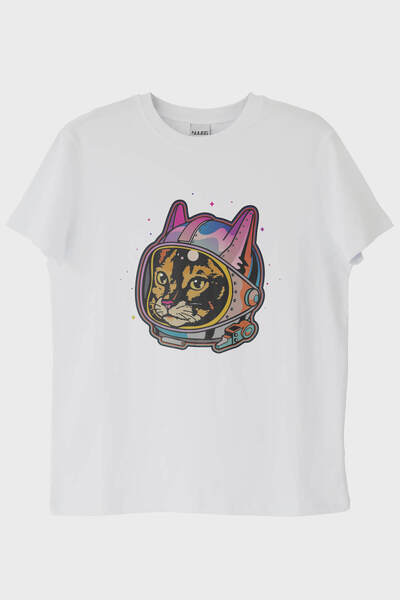 Generic Brand Astrocat Colorful Astronaut Cat Printed White T-Shirt (L / White)