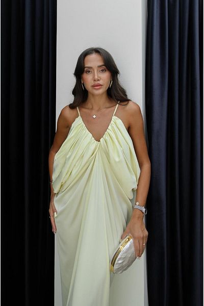 Havoş Light Yellow Satin Surface Volume Dress