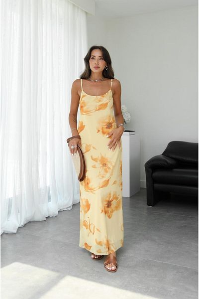Havoş Yellow Thin Strap Floral Dress