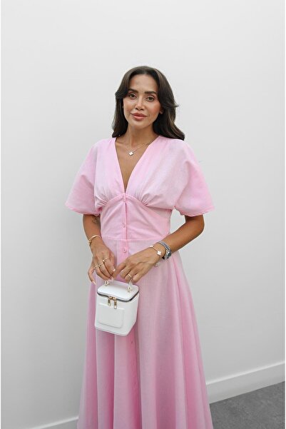 Havoş Pink Wong V-Neck Linen Dress