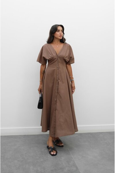 Havoş Brown Wong V-Neck Linen Dress