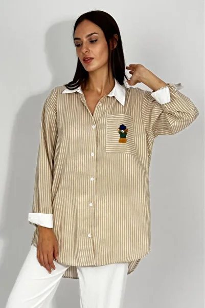 Betimoda Women's Cotton Embroidered Teddy Bear Patterned Striped Shirt with Pockets